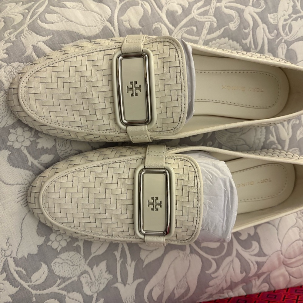 Tory Burch Cream Woven Flats with Metal Buckle